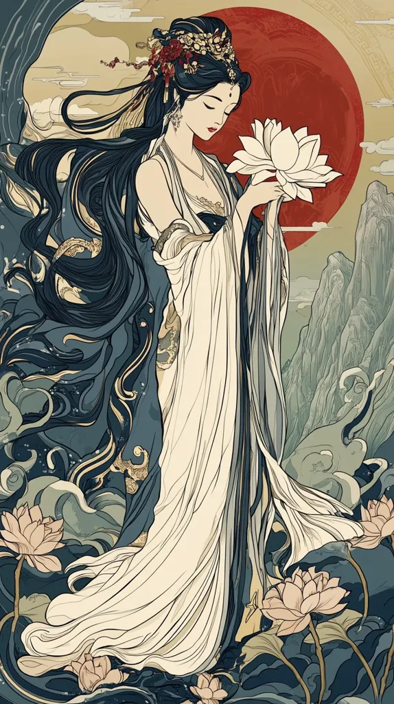 The image depicts a woman with long black hair, dressed in flowing white robes and adorned with intricate gold jewelry. She holds a large white lotus flower in her hands, her expression serene and contemplative. The background features a large red sun, stylized mountains, and swirling blue water. The image evokes a sense of peace, tranquility, and beauty.