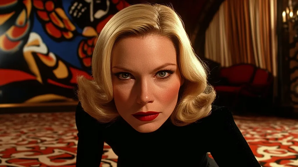 A woman with blonde hair styled in a classic 1940s look stares intensely at the viewer. She wears heavy eye makeup and bright red lipstick. She is dressed in a black turtleneck and is sitting on a patterned rug in a dimly lit room. An abstract painting hangs in the background.  The overall atmosphere is seductive and mysterious.