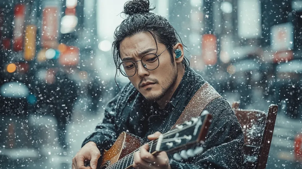 A young man with long, dark hair tied in a bun sits in a snowy street, playing an acoustic guitar. He wears round glasses and a black jacket, and his face is partly obscured by the falling snow.  The background is blurred, creating a sense of depth and isolation. The image conveys a feeling of peace and melancholy.