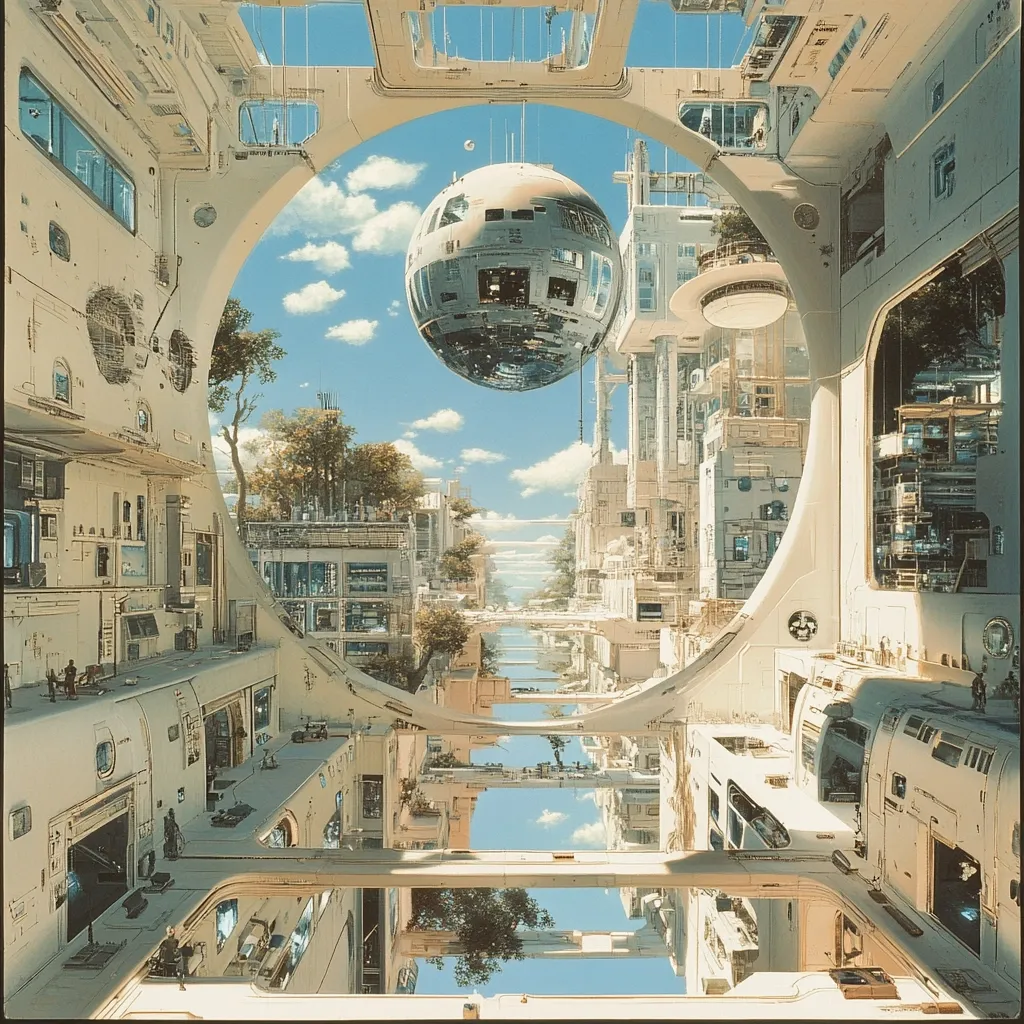 The image depicts a futuristic city with towering white buildings, reflecting a blue sky and a large spherical object hanging overhead. The perspective is from within a building, looking out through a circular window.  Trees and a canal with water reflecting the city can be seen in the distance. The scene suggests a technologically advanced and utopian society.