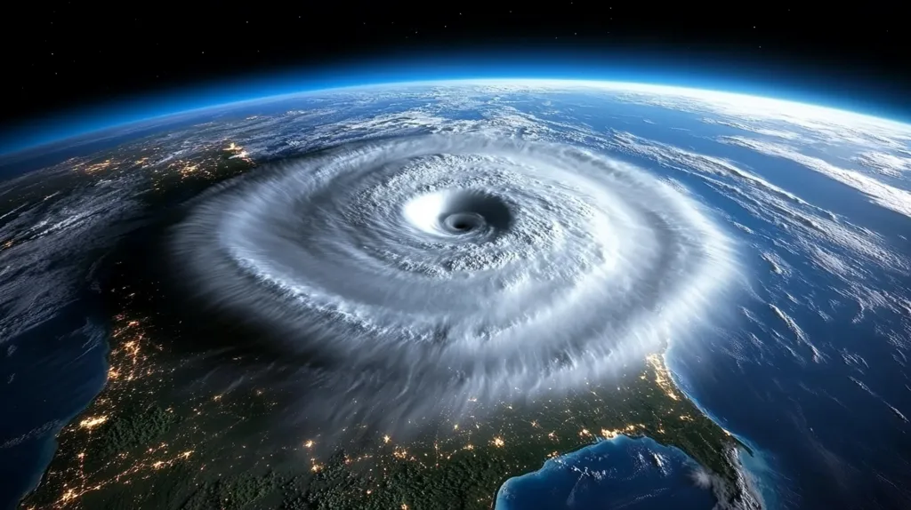 The image shows a powerful hurricane swirling over a coastline, viewed from space. The storm's eye is visible as a dark circle in the center of the swirling clouds. The hurricane's path stretches across the ocean, leaving a trail of destruction in its wake. The surrounding land is illuminated by city lights, highlighting the vulnerability of human settlements to such natural disasters. The image emphasizes the immense power and destructive potential of hurricanes, reminding us of the fragility of our planet and the importance of preparedness.