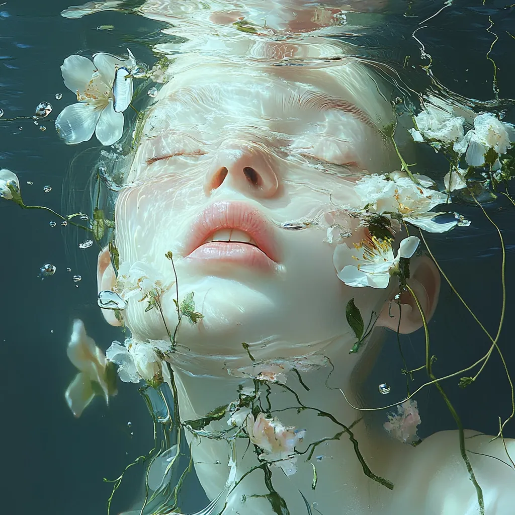 A woman with closed eyes is submerged in water, her face and neck surrounded by delicate white flowers. The water is clear, allowing for a glimpse of her features and the flowers, with light filtering through the surface creating a dreamy atmosphere. The image is a study in ethereal beauty and delicate detail, evoking a sense of tranquility and wonder.