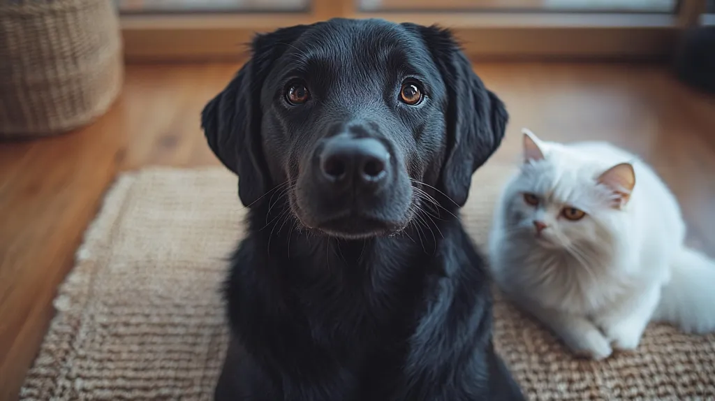 A black Labrador Retriever sits on a woven rug, looking directly at the camera. A white cat with golden eyes sits behind the dog on the rug, looking off to the side. The dog's black fur is sleek and shiny, while the cat's fur is fluffy and white. Both animals are looking at something off-camera. The rug is brown and beige and the floor is a dark brown hardwood. The image is taken from a low angle.  The photo is taken from a low angle, and the light is soft and diffused. The image is focused on the dog's face, creating a sense of intimacy.