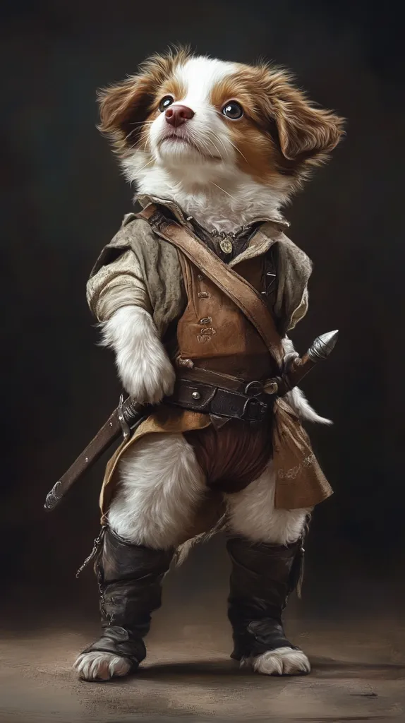 A small white and brown dog is dressed as a medieval warrior, complete with a leather jerkin, a sword strapped to his side, and tall leather boots. He stands with a determined expression, holding a sword with his paw.  The dark background emphasizes the dog's adventurous spirit.