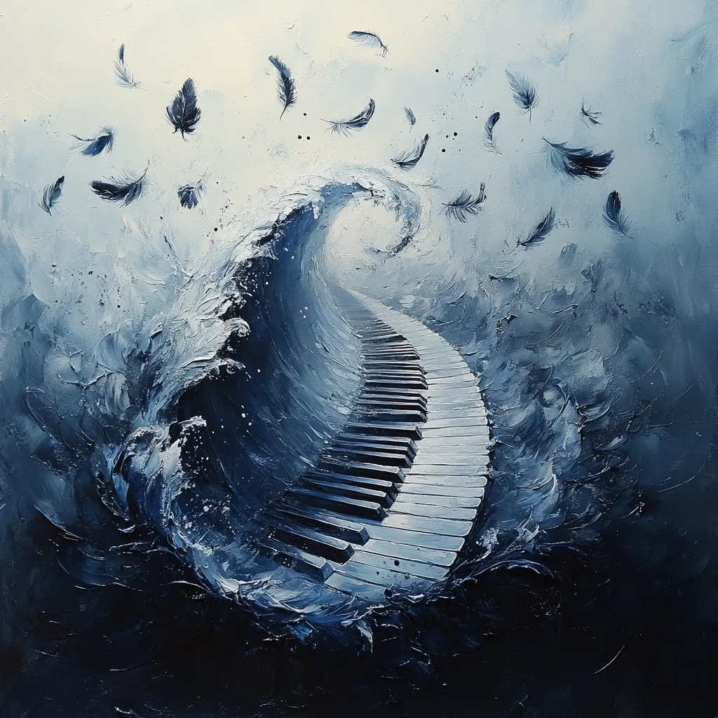 The image depicts a large wave, painted in shades of blue, crashing over a set of piano keys. The keys form a winding path leading towards a bright light at the top of the wave. Scattered throughout the sky are delicate, feather-like shapes, creating a dreamy, almost otherworldly atmosphere. The painting evokes a sense of both power and fragility, suggesting a journey through the depths of emotion and the transformative power of music.
