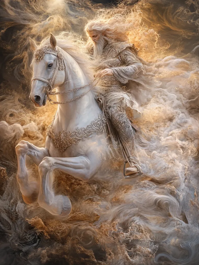 A majestic, white horse, adorned with intricate golden embellishments, gallops through a swirling, ethereal mist. A long-haired, bearded man clad in white garments, rides the horse with a determined expression, his flowing hair and cloak blending with the mist. The scene evokes a sense of power and grandeur, perhaps a mythical journey or a divine arrival. The rich, warm tones of the mist suggest an otherworldly realm filled with magic and mystery.
