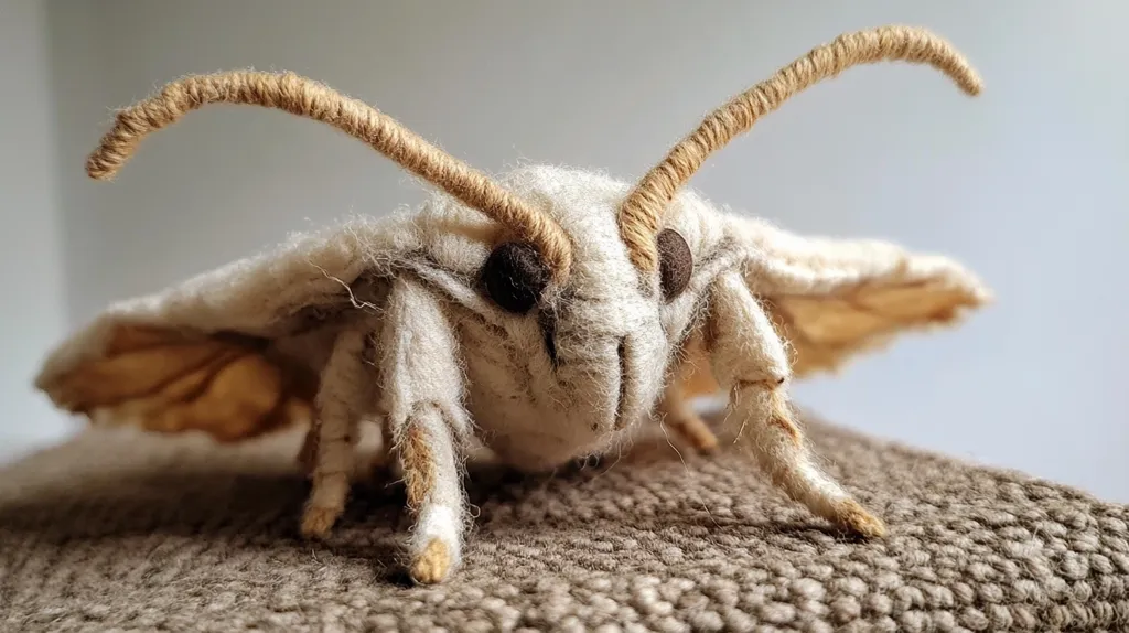 The image shows a close-up of a large, white, fuzzy moth with brown, string-like antennae. The moth is sitting on a brown, textured surface. Its wings are partially spread, and its large, black eyes are visible. The moth's body is covered in a soft, white fur. It is a detailed and realistic depiction of a moth, created with great artistry.