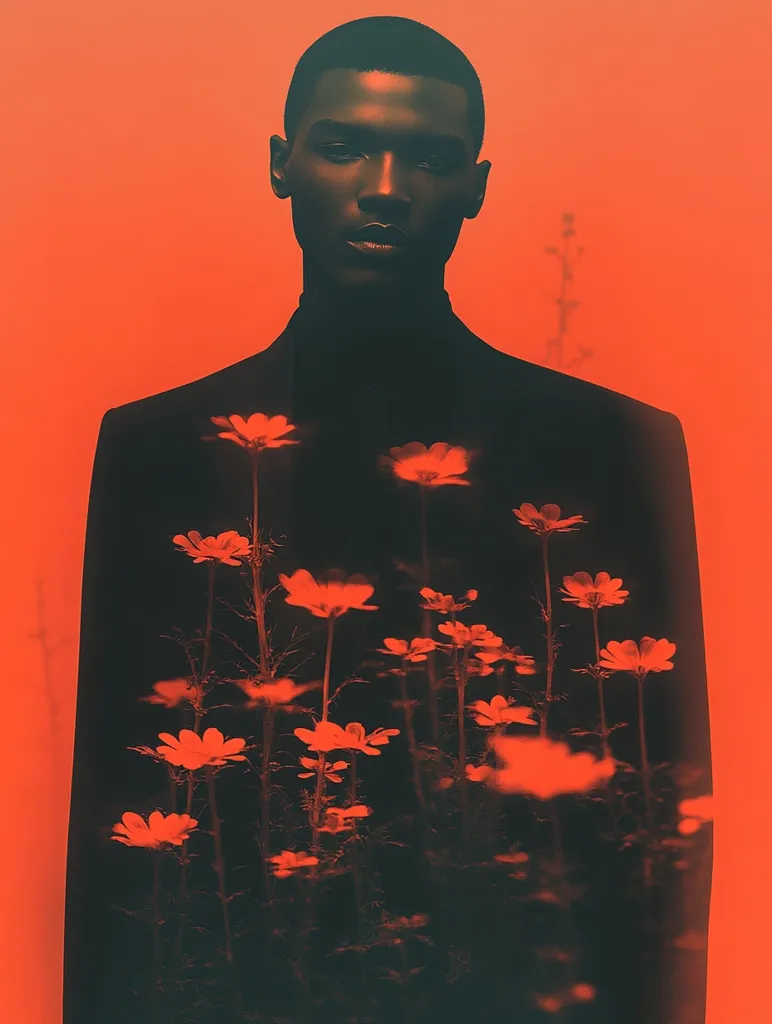 A man with a serious expression, dressed in a dark suit and shirt, stands against a vibrant orange background. A field of flowers, rendered in a hazy red, overlaps his silhouette, creating a sense of mystery and depth. The image evokes feelings of both isolation and connection to nature.  The red tones create a bold and dramatic atmosphere.