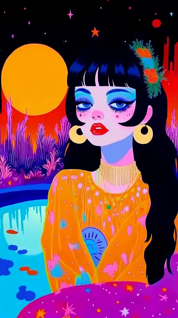 The image is a vibrant, psychedelic portrait of a woman with large, expressive eyes and long, dark hair. She wears a bright orange dress with intricate floral designs and a gold choker necklace. The background features a large yellow moon, a blue pool of water, and a field of purple grass. Stars are scattered across the night sky, adding to the dreamy and whimsical feel of the artwork. The woman's overall appearance is captivating and enchanting.