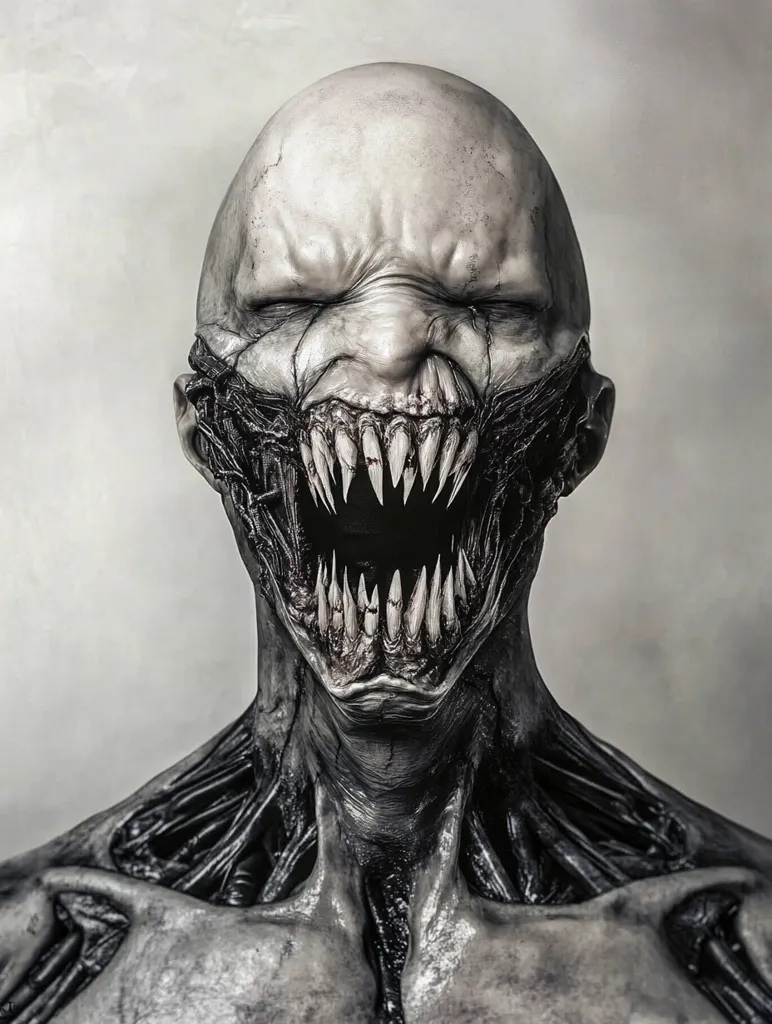 The image depicts a terrifying, grotesque creature with a pale, wrinkled face and a wide, gaping maw filled with sharp, jagged teeth. The creature's eyes are closed, and its mouth is stretched into a horrifying grin. The creature's neck and shoulders are covered in gnarled, contorted flesh, adding to its overall sense of monstrosity. The image is rendered in a stark, black and white palette, enhancing the creature's unsettling appearance.