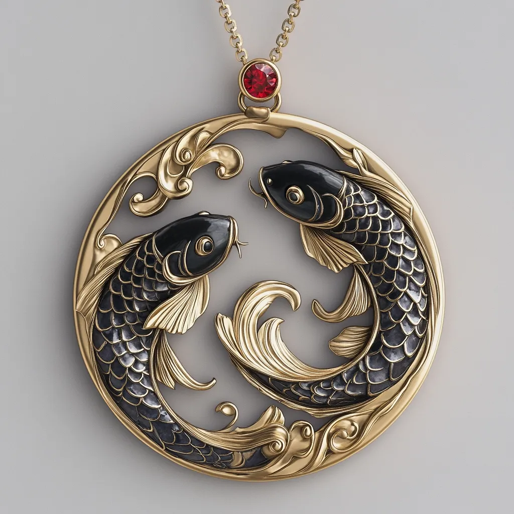 The image shows a gold and black pendant necklace featuring two intricately detailed koi fish. The fish are facing each other within a circular frame adorned with ornate gold designs. A red gemstone is set at the top of the chain. The pendant is a testament to fine craftsmanship and the beauty of nature.