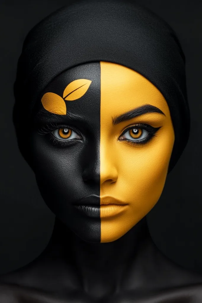 A woman with half of her face painted black and the other half painted yellow. She is wearing a black headscarf and has a gold leaf design painted on her black side. The image is a close-up of her face and is shot against a black background. The woman's eyes are open and intense, looking straight at the camera.  The overall effect is striking and mysterious.