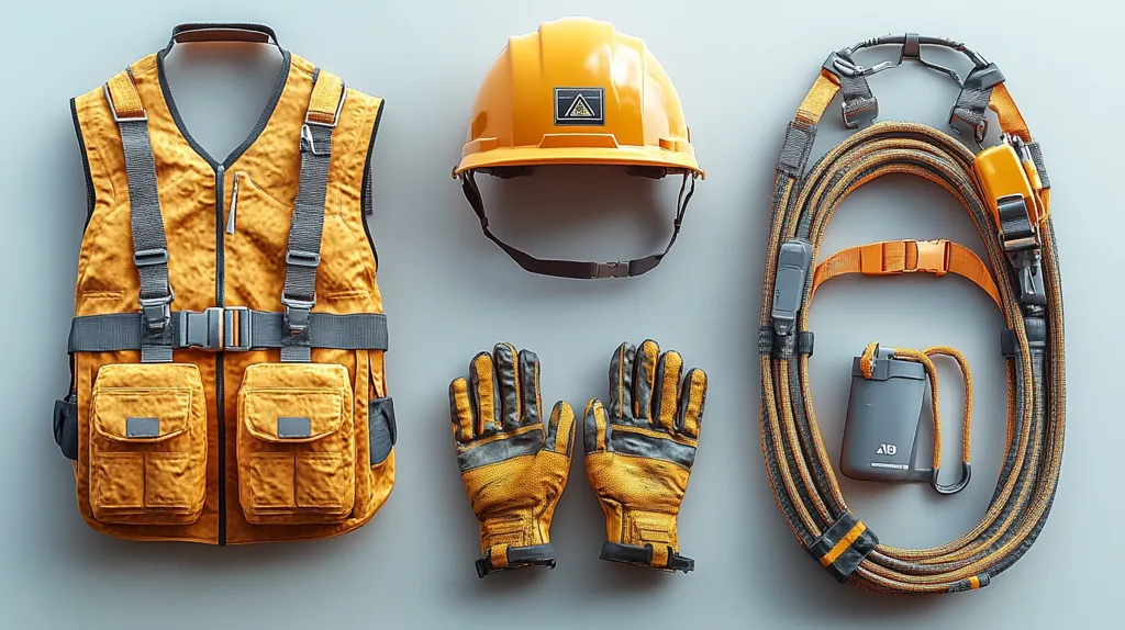 A set of safety equipment laid out on a grey surface. It includes a yellow safety vest with multiple pockets and adjustable straps, a yellow hard hat, a pair of yellow and black gloves, and a coiled rope with a black and yellow strap and a grey device with a carabiner. The equipment is typical of what might be worn by a worker in a construction or industrial setting.