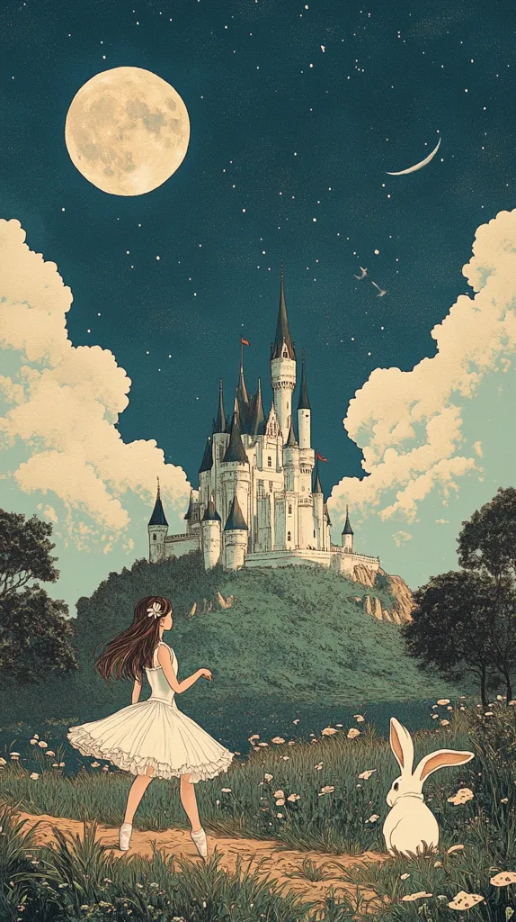 A young girl in a white dress walks towards a majestic castle on a hill. The sky is a deep blue with a bright moon and a crescent moon. The girl is walking on a path through a grassy field, with a white rabbit sitting in the grass behind her. The scene is serene and enchanting, evoking a sense of wonder and possibility.
