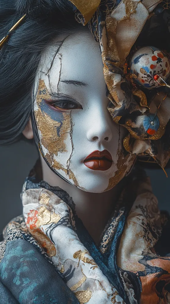 A woman with long black hair wears a traditional Japanese kimono. Her face is obscured by a white mask with gold detailing and a vibrant floral pattern. The mask has cracks, highlighting a sense of age and vulnerability. Her eyes are dark and intense, gazing directly at the viewer. The intricate details of the kimono and mask create a sense of mystery and intrigue.