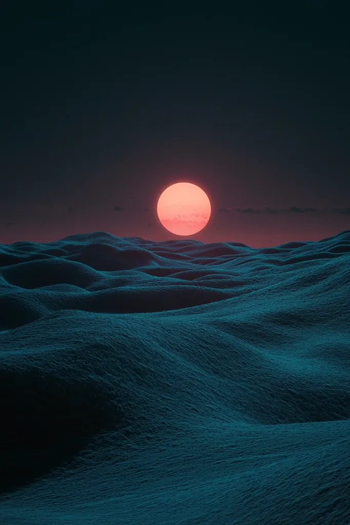 The image depicts a serene landscape with a large, round, glowing sun setting over a vast expanse of rolling hills. The hills are covered in a deep blue, almost black, textured surface, giving the scene an otherworldly feel. The sun casts a warm, orange glow on the horizon, creating a stark contrast against the dark sky and the blue hills. The overall effect is calming and mysterious.