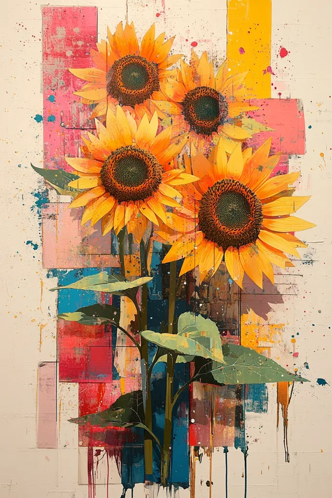 The painting features four vibrant sunflowers against a background of abstract, geometric shapes. The sunflowers are painted in warm, yellow hues with dark brown centers, while the background is a mix of bold colors, including pink, blue, and yellow. The paint splatters and drips, creating a sense of movement and energy. The overall effect is one of bright, bold color and dynamic composition.