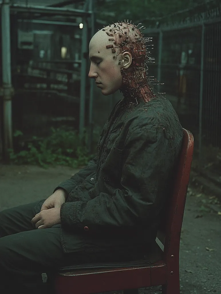 A person with a bald head covered in wires and metal pieces sits on a red chair. They are wearing a dark green jacket and are looking down with a somber expression. The background is blurred and out of focus, creating a sense of mystery and isolation. The image is a stark and surreal depiction of a futuristic or dystopian world.