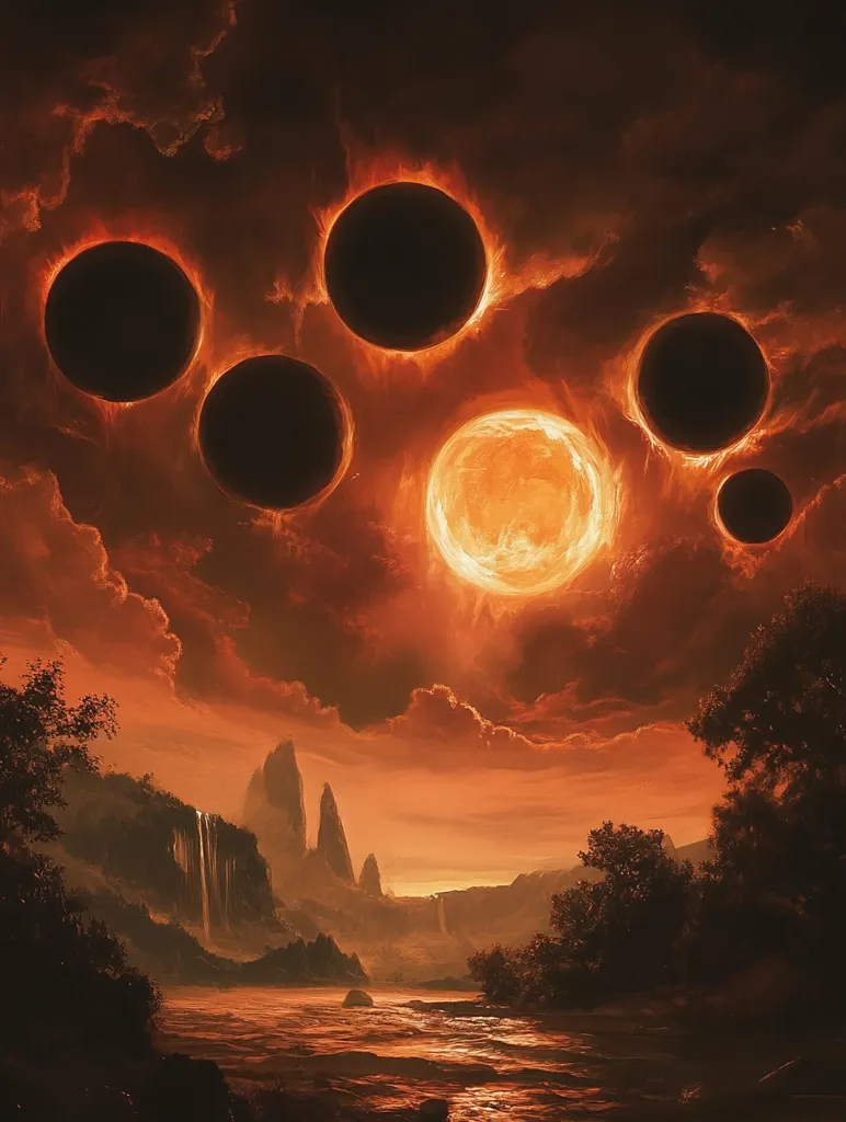 A fiery landscape with a river winding through the foreground, mountains in the distance, and a vibrant red sky dominated by a large, glowing sun. The sky is filled with six fiery celestial bodies, resembling planets or moons, creating a dramatic and otherworldly scene. The fiery red color of the sky and the celestial bodies suggests a sense of intense heat and energy.