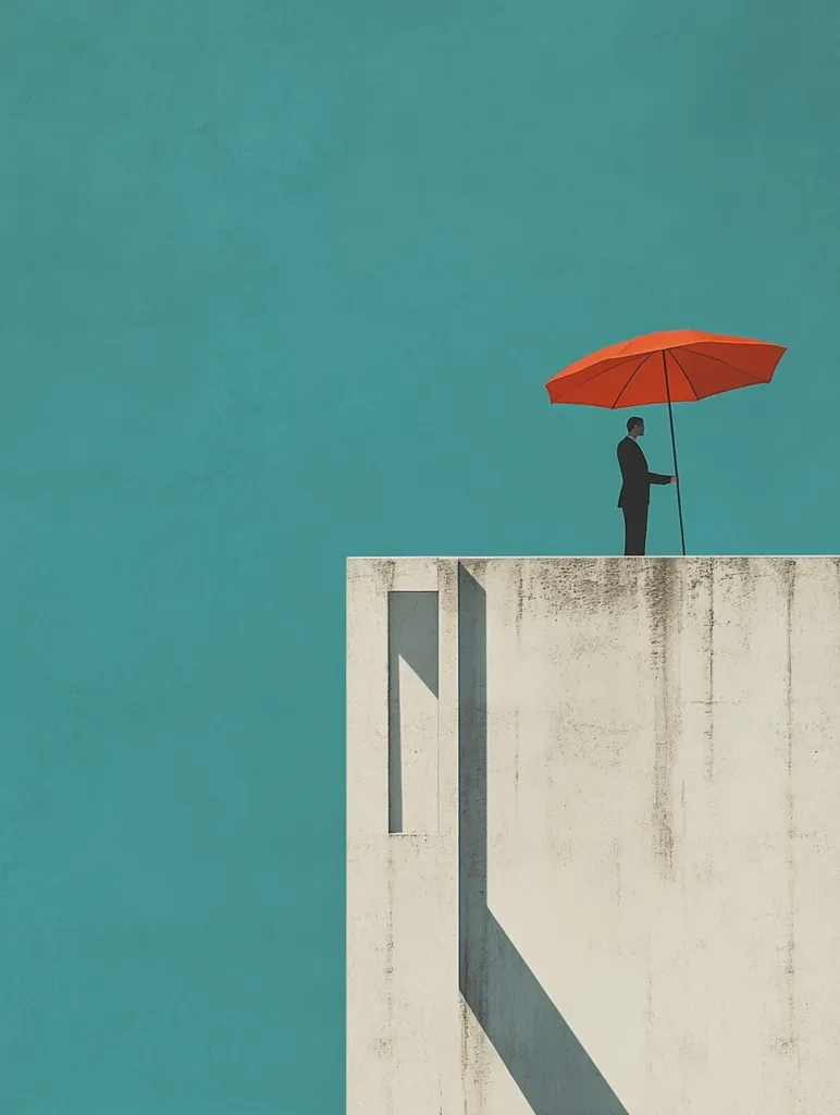 A lone man stands on the edge of a rooftop, holding a bright red umbrella above his head. He is dressed in a dark suit, his figure a silhouette against the light blue sky. He stands on the edge of a concrete wall with a single square opening, casting a long shadow on the wall. The scene evokes a sense of vulnerability and isolation.