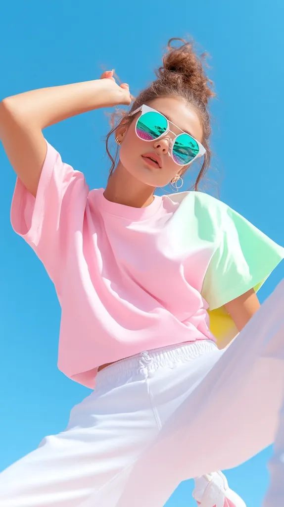 A young woman with long brown hair, styled in a bun, wears white framed sunglasses with blue and green lenses. She is wearing a pink and green ombre t-shirt with white pants. Her hair is slightly covering one eye. She is posing with her hand on her head, looking up towards the bright blue sky.