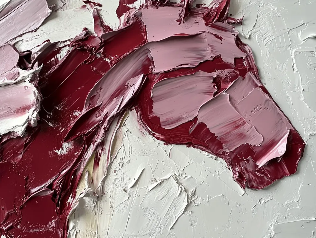 The image is an abstract oil painting with thick, textured brushstrokes. The dominant colors are a deep burgundy red and white, with hints of pale pink. The painting is likely a close-up of a larger piece, showcasing the artist's technique and the interplay of the colors. The thick paint creates a sense of movement and depth.  The white background provides a stark contrast to the vibrant red. The texture of the paint is evident, giving the artwork a tactile feel. The lack of recognizable subject matter allows the viewer to interpret the painting freely.  The overall effect is one of energy and dynamism.