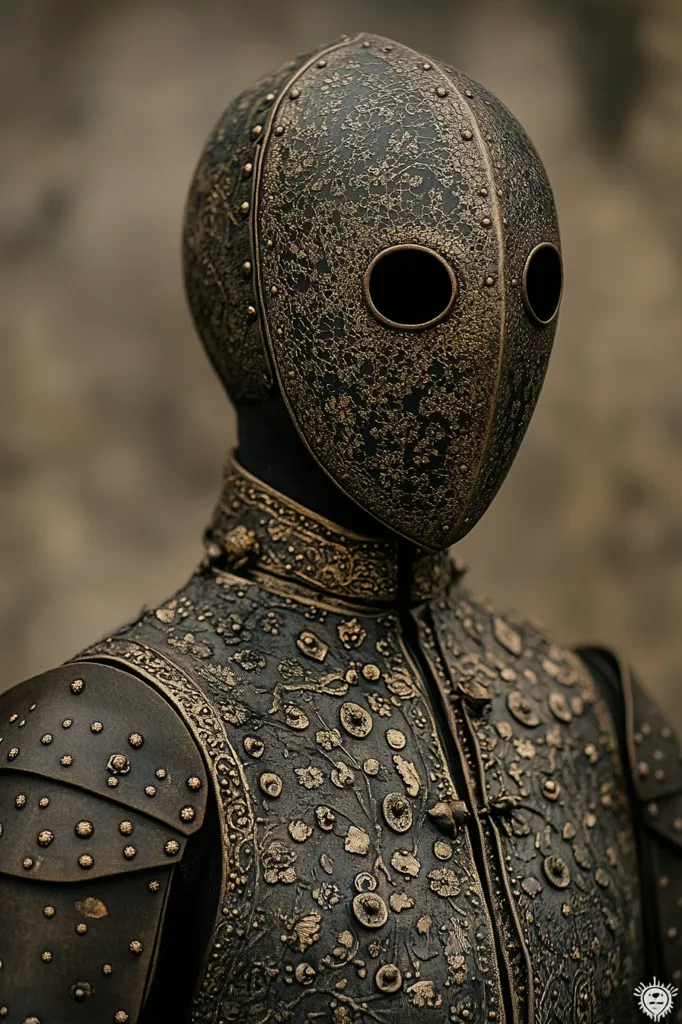 The image shows a close-up of a person wearing a suit of armor. The helmet is dark, with intricate gold designs and two eyeholes. The rest of the armor is detailed, with a floral pattern and a row of rivets running down the shoulder. The armor has a weathered and aged look. The background is blurred and out of focus.