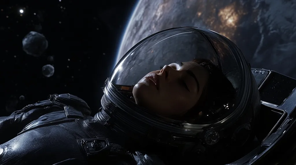 A female astronaut, wearing a dark spacesuit, is shown sleeping in a zero-gravity environment. Her face is visible through the clear visor of her helmet, with her eyes closed. The background is a dark expanse of space with distant stars and a large planet. The image conveys a sense of isolation, peace, and the vastness of space.