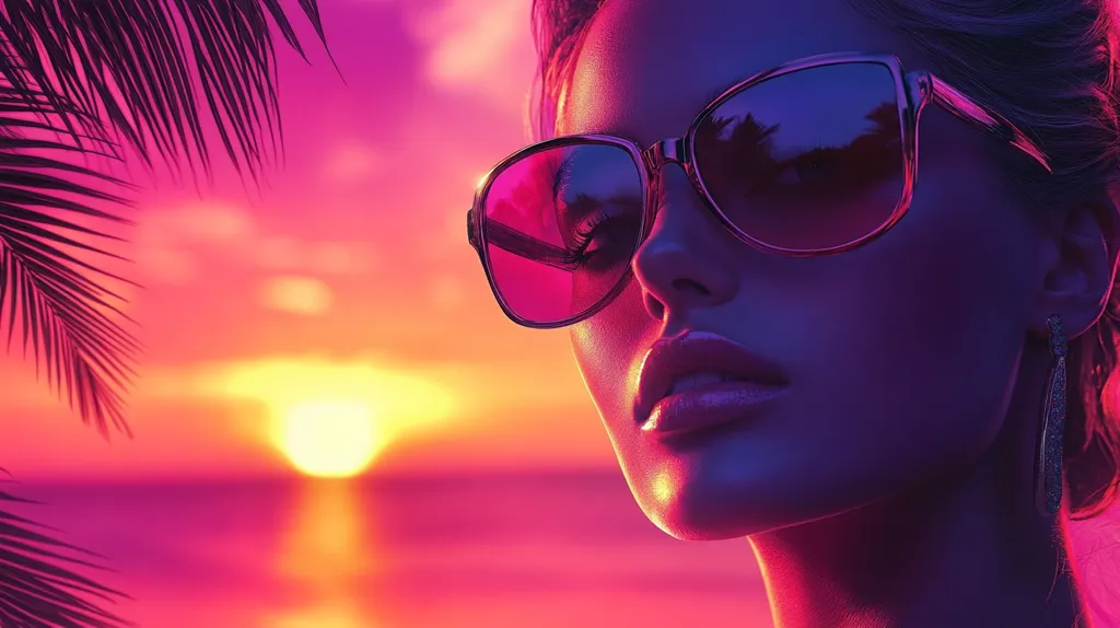 The image features a woman wearing large, dark sunglasses with pink lenses. The woman's face is partially visible, showing her lips and part of her nose. The background is a blurred sunset over the ocean, with a silhouette of palm fronds in the foreground. The image is shot in a vibrant, colorful style with a strong emphasis on light and shadow.  The image conveys a sense of summer, vacation, and relaxation.