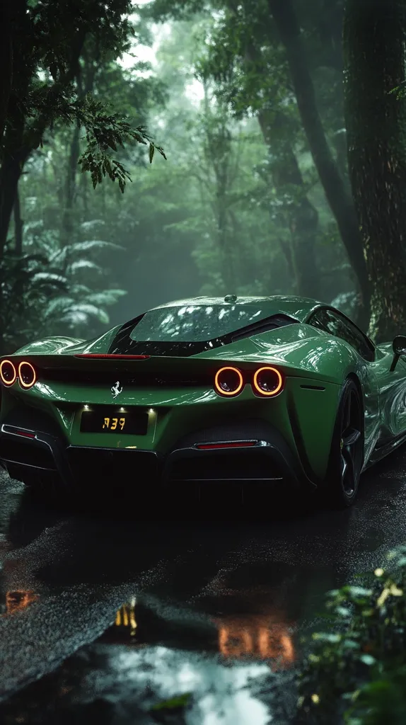 A green sports car is parked in a lush green forest with misty air. The car is facing away from the camera, and its rear lights and license plate are visible. The forest is dense and mysterious, and the overall mood is one of tranquility and isolation. The car's reflection is seen in the wet pavement below.