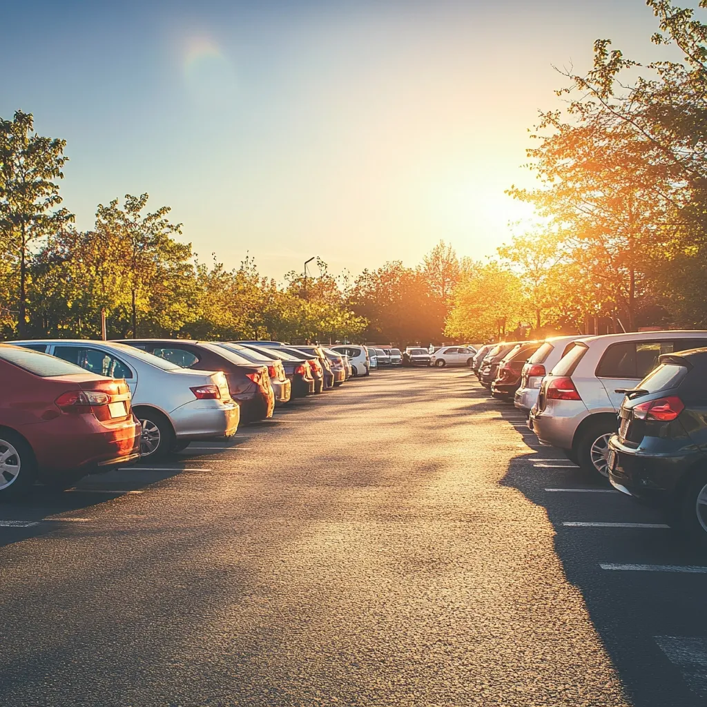 A row of cars parked in a lot with a golden sunset in the background.  Trees line the lot on either side of the parked cars.  The sun is shining brightly and casting long shadows from the cars.  The focus is on the cars in the foreground.  The background is blurred.  The image is a beautiful depiction of the end of a day.