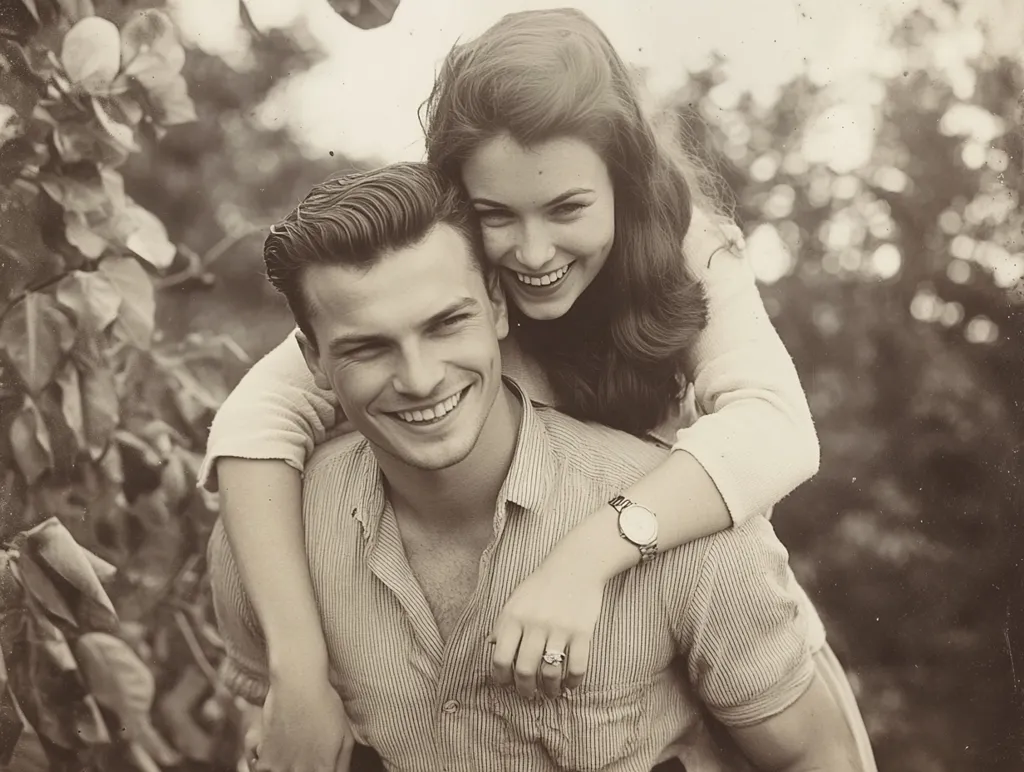 A black and white photo of a young couple. The woman is sitting on the man's back, her arms around his neck. She is smiling broadly at the camera, while he looks at the camera with a gentle smile. The man is wearing a striped shirt and the woman is wearing a white sweater.  They are outdoors in a park with trees and greenery.  The image has a faded, vintage feel.