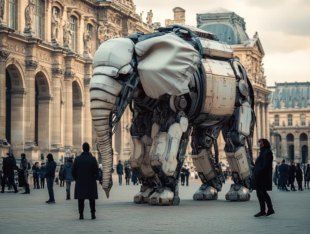 A massive, white, mechanical elephant stands in front of a grand, classical building. The elephant is intricately detailed, with exposed gears and pipes. It has a long, curved trunk. People in the background look up in awe at the enormous creature. The scene evokes a sense of wonder and the potential for a futuristic world.