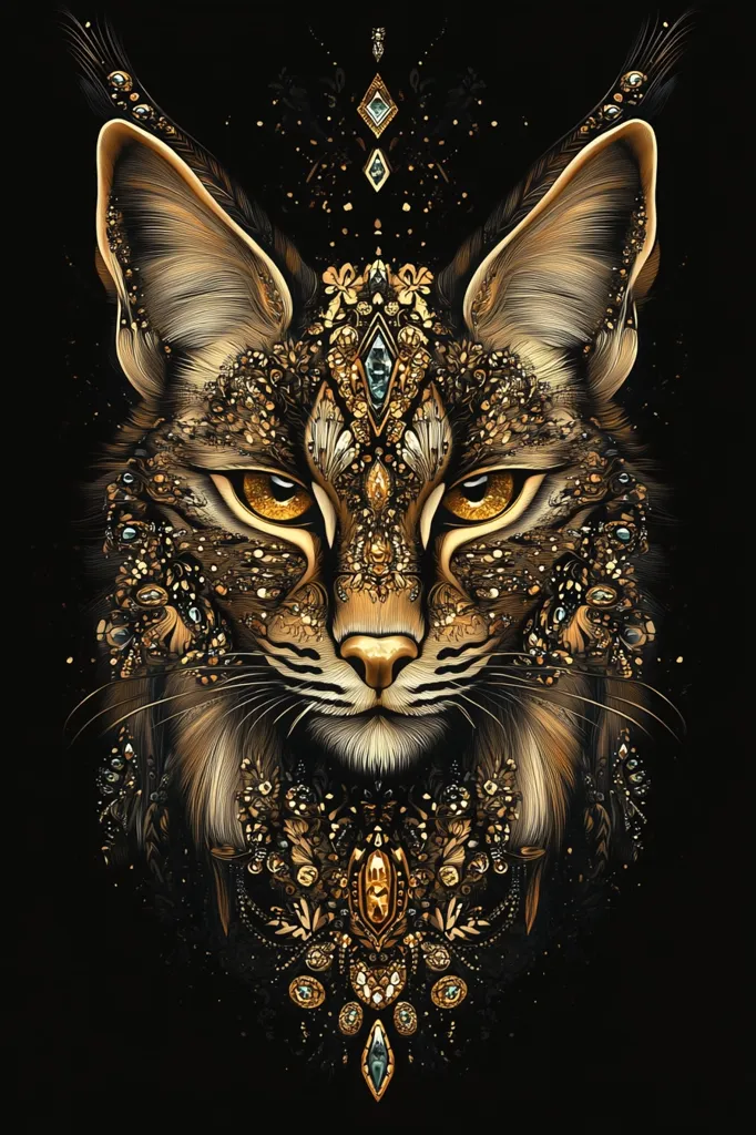 The image features a close-up portrait of a lynx with its fur adorned in intricate gold and jewel-toned patterns, resembling a decorative design or a mask. The background is a dark, almost black canvas, highlighting the ornate details on the lynx's face. The lynx's piercing gaze and the intricate details create a sense of mystique and grandeur.