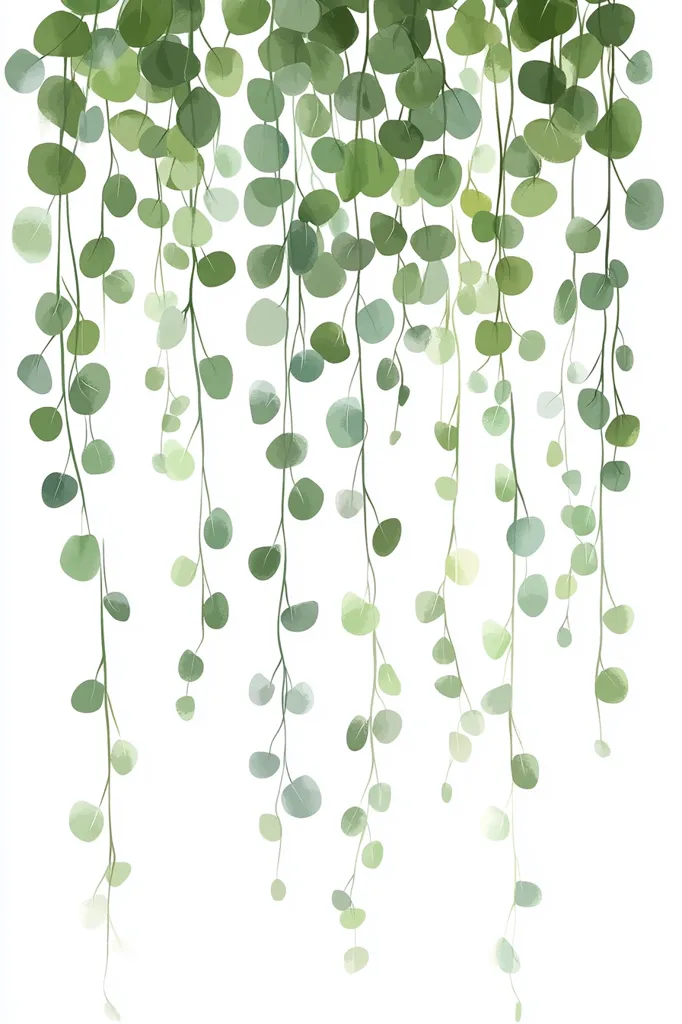 A watercolor illustration of a cascading vine with delicate, round leaves in shades of green. The vine drapes downwards against a white background, creating a soft and ethereal effect. The leaves are painted with a light touch, giving the impression of a gentle breeze blowing through them.