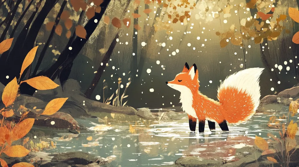 A red fox stands in a forest stream, its fur glowing in the dappled sunlight filtering through the trees.  Golden leaves litter the ground, and a soft snowfall adds to the magical atmosphere. The fox's reflection shimmers on the water's surface, creating a sense of tranquility and wonder.  The scene is filled with an ethereal beauty that evokes a sense of peace and quiet reflection.