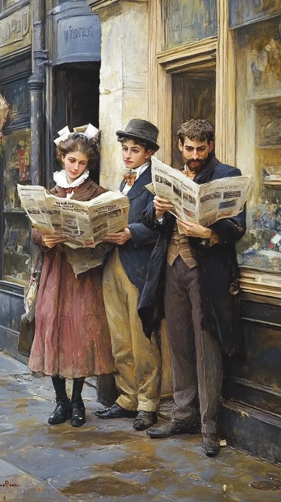 Three figures stand outside a shop, engrossed in reading newspapers. A young woman in a pink dress stands in front, while a young man in a dark coat and a man in a brown suit stand behind her. The woman holds a newspaper open in front of her, while the man in the suit reads a newspaper in his left hand.  The shop window displays items behind the figures, and the street in front is wet from rain. The scene is painted in a realistic style, with attention to detail in the clothing, facial expressions, and setting.