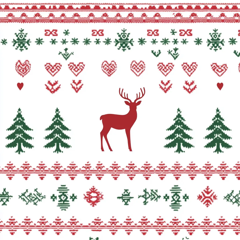 The image is a white background with red and green Christmas designs. It has a reindeer in the middle, with Christmas trees to the left and right, and rows of hearts and snowflakes at the top and bottom. The design is reminiscent of a knitted sweater pattern. The pattern is repeated across the image.  It's a simple, yet festive, holiday design.