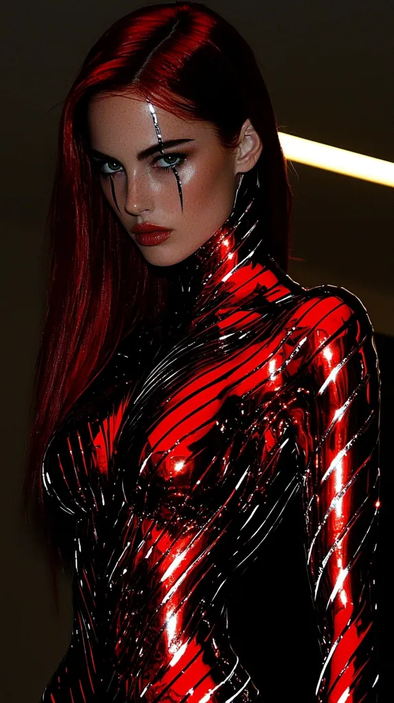 The image shows a woman with long, flowing red hair. She is wearing a red and black metallic bodysuit that looks like it could be made of liquid metal. Her eyes are bright and her lips are painted a bold red. She appears to be confident and fierce. The dark background and lighting highlight her sharp features and the futuristic feel of the image.