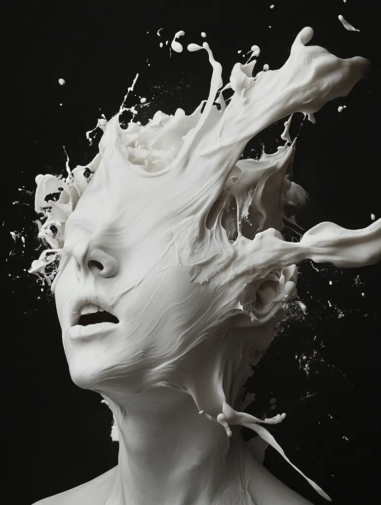 A white,  human-like figure is engulfed in a wave of viscous, white liquid. The figure's face is contorted in a silent scream, eyes closed, as the liquid surrounds and consumes them. The background is a stark black, highlighting the stark contrast of the white form. The image evokes a sense of unease and vulnerability, possibly referencing the overwhelming power of emotions or the fragility of existence.