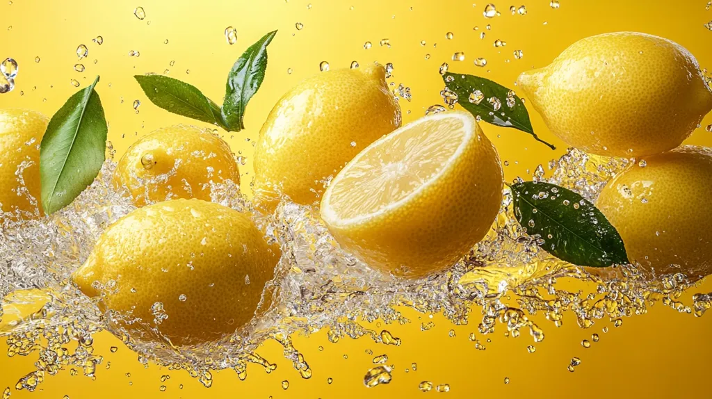 The image shows a group of lemons in a splash of water against a yellow background. The lemons are arranged in a circular shape, with some cut in half. The water droplets are flying in the air, creating a dynamic and refreshing scene. Green leaves are scattered around the lemons, adding a natural touch. The image evokes a sense of freshness and vibrancy.