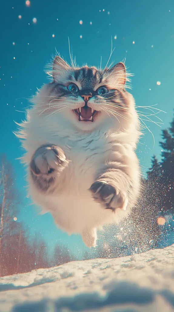 A fluffy white cat with blue eyes leaps towards the camera, mouth open in a playful snarl. The background is a blue sky with sparkling white dots and out-of-focus trees and snow in the foreground. The cat's paws are outstretched and appear to be kicking up snow.