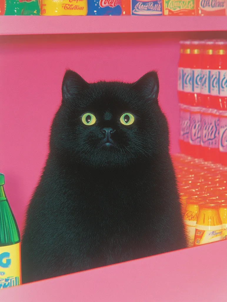 A black cat with bright green eyes stares directly at the viewer from behind a pink counter. The cat is positioned in front of a shelf stocked with various colorful drinks. The cat's fur is shiny and sleek, and its expression is curious and alert.  The image has a retro, pop art aesthetic.