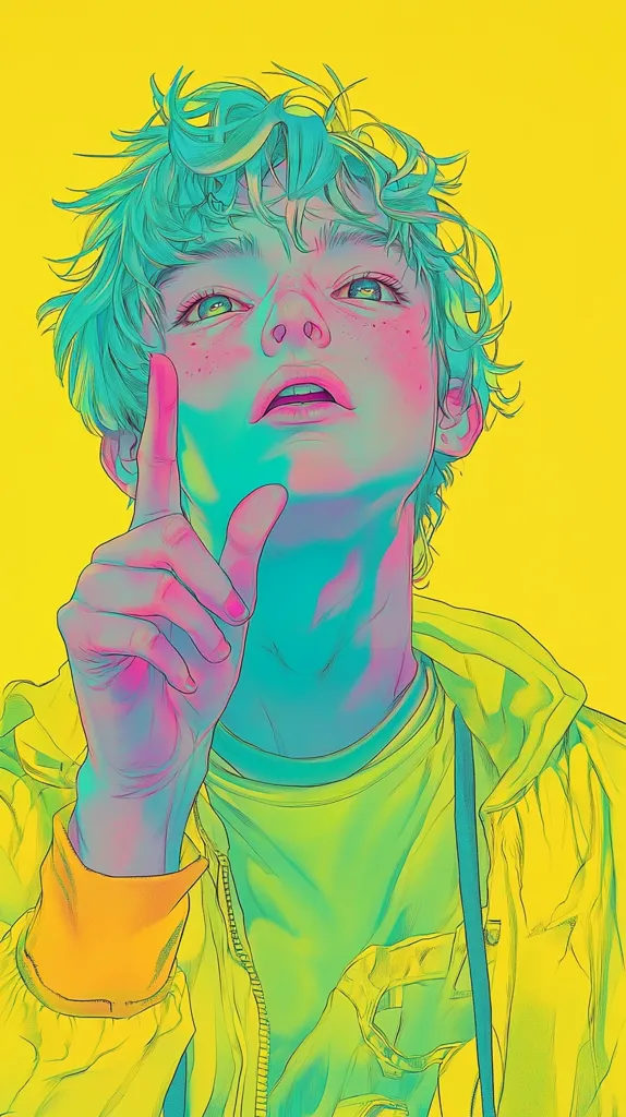 A young man with blue-green hair and a bright yellow jacket is looking upwards with his index finger pointing up. The artwork is in a vibrant color palette with neon hues of yellow, green, and pink. His eyes are large and expressive, and his face is full of wonder. The background is a solid yellow. The overall aesthetic is playful and energetic.