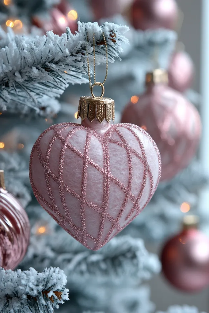 A delicate pink heart-shaped Christmas ornament hangs from a snowy Christmas tree branch. The ornament is adorned with a delicate, intricate pattern of rose gold glitter. The ornament is surrounded by other pink ornaments, creating a soft and festive ambiance.  The background is blurred, emphasizing the beauty of the focal ornament.  The image evokes a sense of warmth and cheer, perfect for the holiday season.