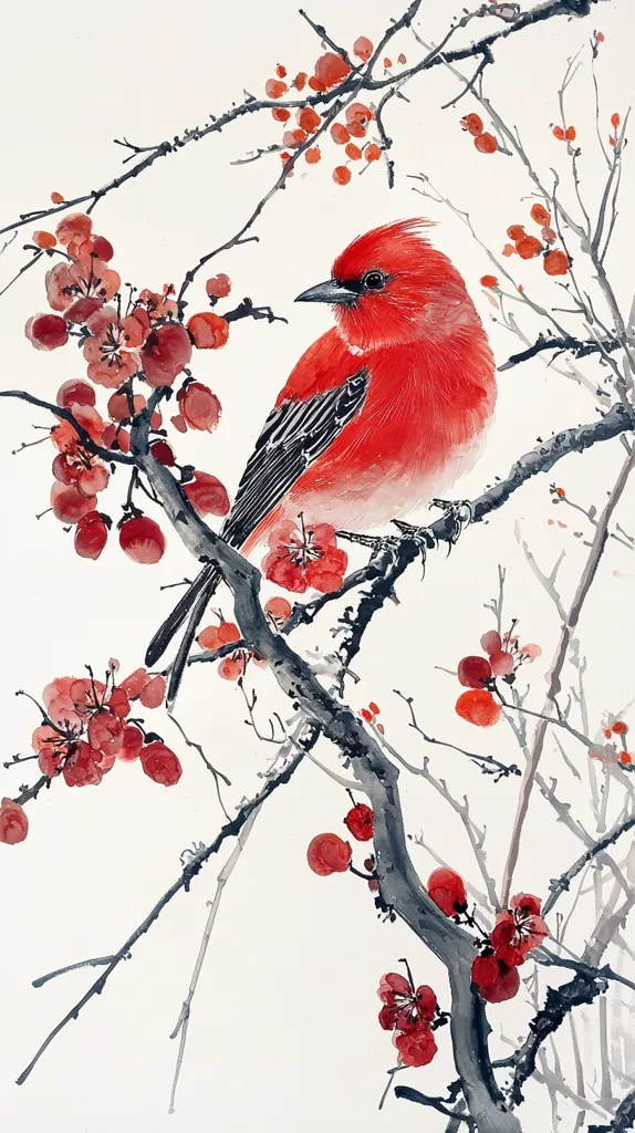 A vibrant red bird perches on a delicate branch of a blossoming tree. Its plumage is a striking contrast against the white background, while the soft pink flowers add a touch of sweetness. The artist uses flowing lines and delicate brushstrokes to capture the beauty of the scene, evoking a sense of tranquility and harmony.  The overall impression is one of delicate beauty and natural grace.