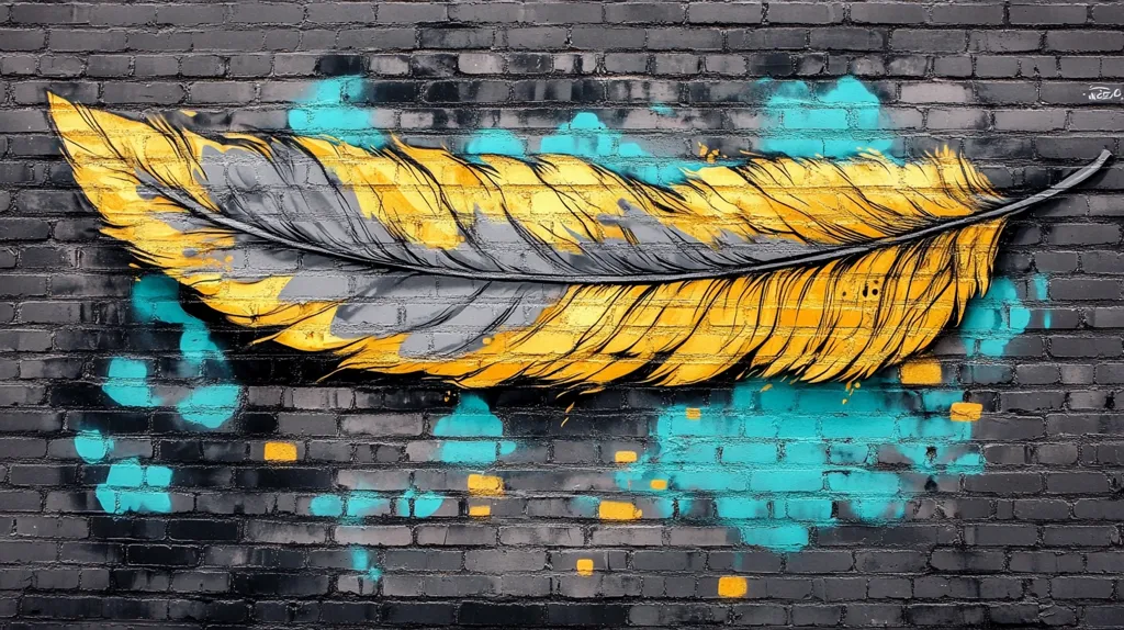A large, yellow and gray feather is painted on a black brick wall. The feather is detailed, with individual feathers depicted. Splashes of blue paint are on the wall around the feather. The wall has a worn look, adding to the artwork's grunge aesthetic.