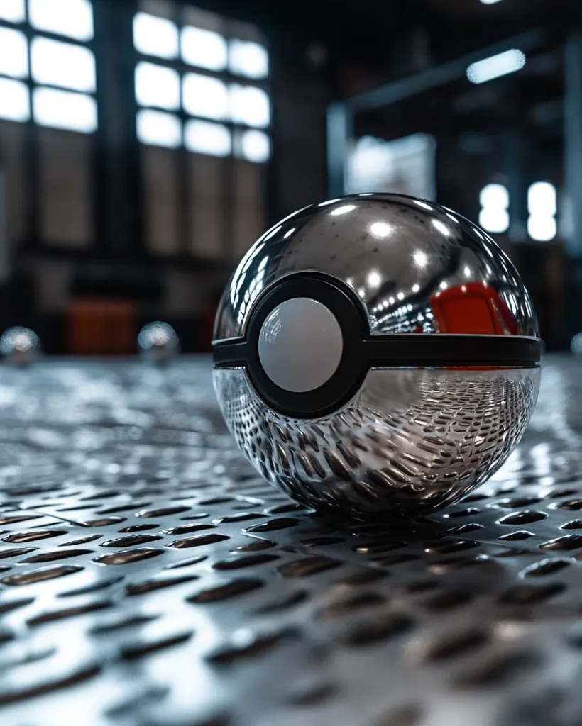 A shiny, chrome-colored Poké Ball sits on a metal surface. The ball reflects the surrounding environment, including the large windows in the background. The surface has a textured, metallic finish. The ball is slightly out of focus, creating a shallow depth of field. The image captures a playful and futuristic aesthetic.