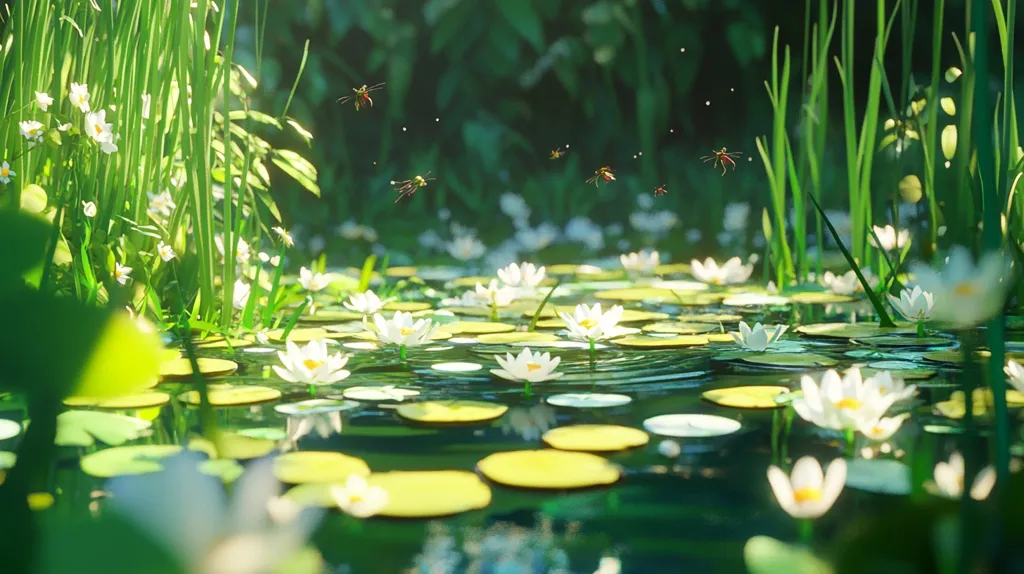 A serene pond with lily pads and white water lilies. Lush green foliage surrounds the water, and dragonflies dance in the air above. Sunlight filters through the leaves, casting dappled shadows on the water's surface. The scene evokes a sense of tranquility and peace.