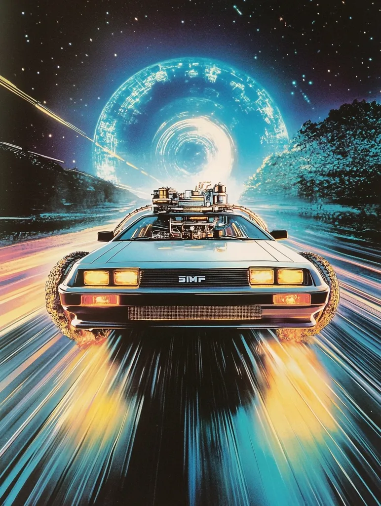The image shows a futuristic car, likely a DeLorean, speeding down a road with a large, swirling portal in the background. The sky is filled with stars and streaks of light, adding to the sense of speed and time travel. The car's headlights are illuminated, and the "SIMF" emblem on the front suggests it's heading into a temporal dimension. The vibrant colors and dynamic composition create a sense of excitement and anticipation.